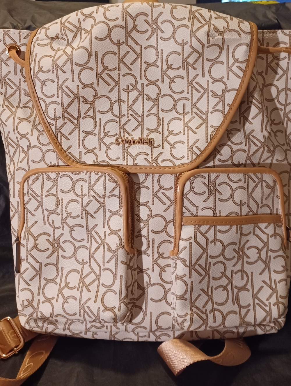 Calvin Klein Cream and Tan Logo-Print Backpack